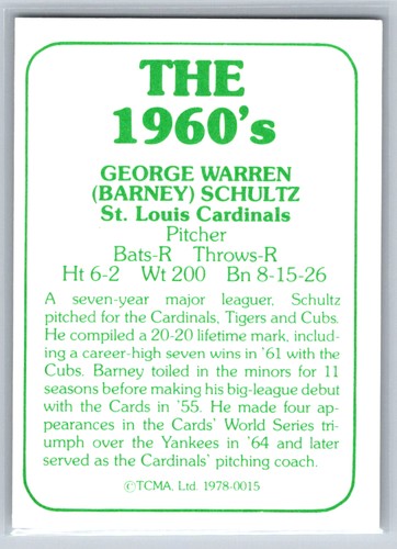 Barney Schultz 1978 TCMA The 1960's I St. Louis Cardinals #0015 - Picture 2 of 2