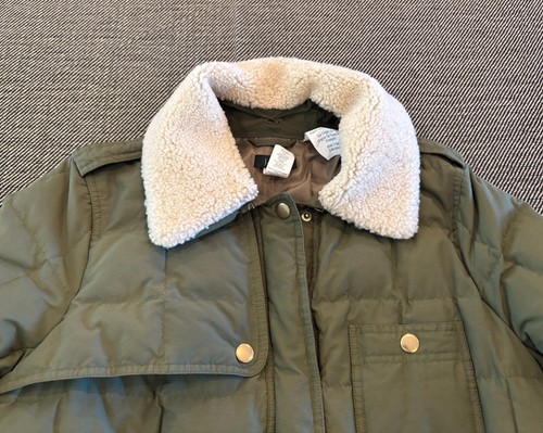 J. Crew Olive Down Snowbound Puffer Real Shearling Collar L MSRP $369 Warm *Read - Picture 8 of 11