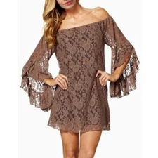 NWT ELAN $73 Off-the-Shoulder Truffle Brown Lace Flared Sleeve Mini Dress Size M