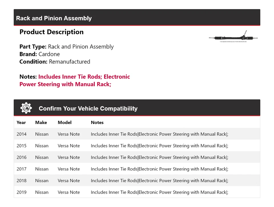 Conjunto de piñón y cremallera Cardone para Nissan Versa Note 2014-2019 2015 2016 2017 Foto 2 de 4