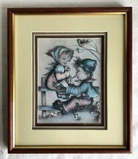 Hummel 3D Decopage Gilt Wood Shadow Box Boy And Girl at Fence Anri Emil. Germany