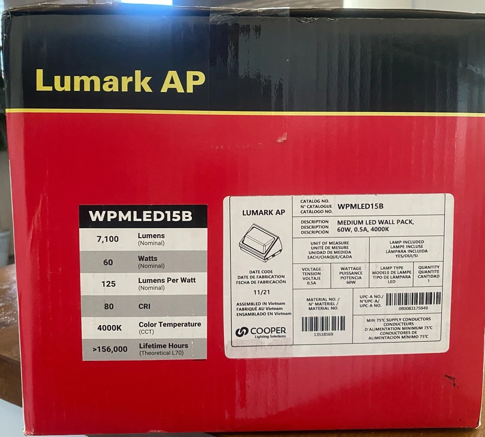 LED Light Fixture Wall Pack 60W, 7,100lm  WPMLED15B, Cooper Lighting - Lumark - Image 2 of 3