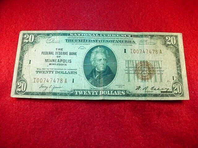 1929 $20  FEDERAL RESERVE BANK  OF MINNEAPOLIS MINN NICE NATIONAL NOTE!   #95