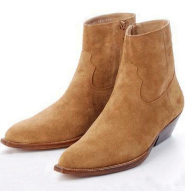 Western Mens Chelsea Real Suede Leather High Top Ankle Boots Mid Heel Shoes New