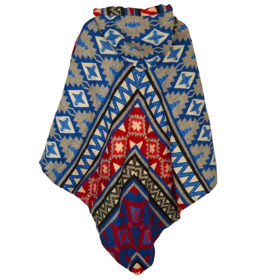 Пончо|2 кнопки| бахрома| капюшон + карман | богемное| ацтекское| шерстяная смесь яка|1 размер| синий - Изображение 2 из 4