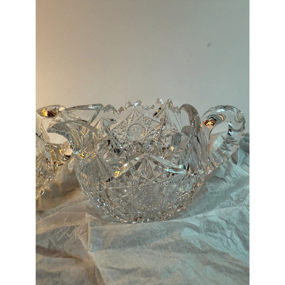 Antiguo juego de azucarero y crema de vidrio de corte brillante americano de principios del siglo XX Foto 4 de 4
