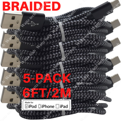 5 PACK Braided USB Fast Charger Cable 6ft Lot For iPhone 14 13 12 11 Pro XR 8 7