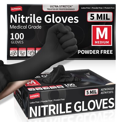#ad Disposable Nitrile Exam Gloves 5 Mil Black Powder Free Heavy Duty Clean Glove $10.98