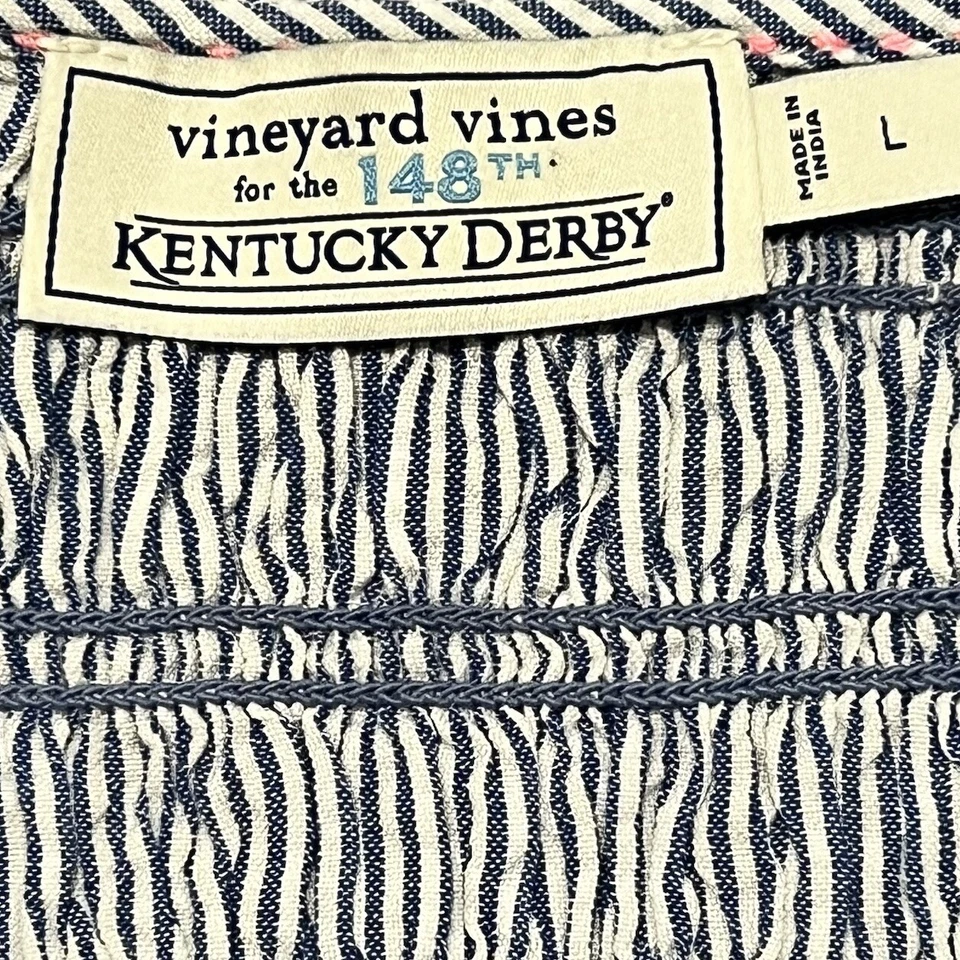 Платье Vineyard Vines 148th Kentucky Derby со сборками ярусная полоса MIDI мягкое синее L - Изображение 2 из 4