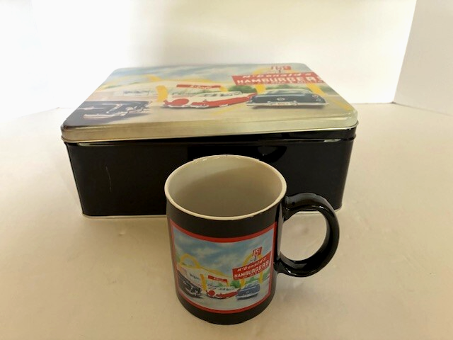 McDonald's Ceramic Coffee Mugs- Set of (4)- NEW- in Metal Storage Box