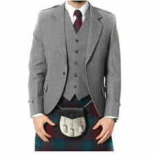 Men's Light GREY WOOL TWEED ARGYLE Scottish Kilt Jacket with Waistcoat