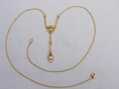 STUNNING EDWARDIAN 15CT YELLOW GOLD AQUAMARINE SEED PEARL Y-DROP NECKLACE - 4.7g - Image 1 of 4
