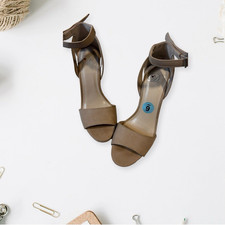 Beige Strappy Block Heel Faux Suede Women's Ankle Strap Sandals Size 6