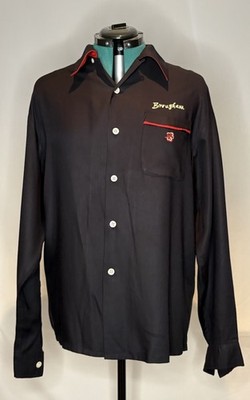 Evisu Men's Embroidered Long Sleeve Rayon Button-Up Shirt Sumo Black Red XL