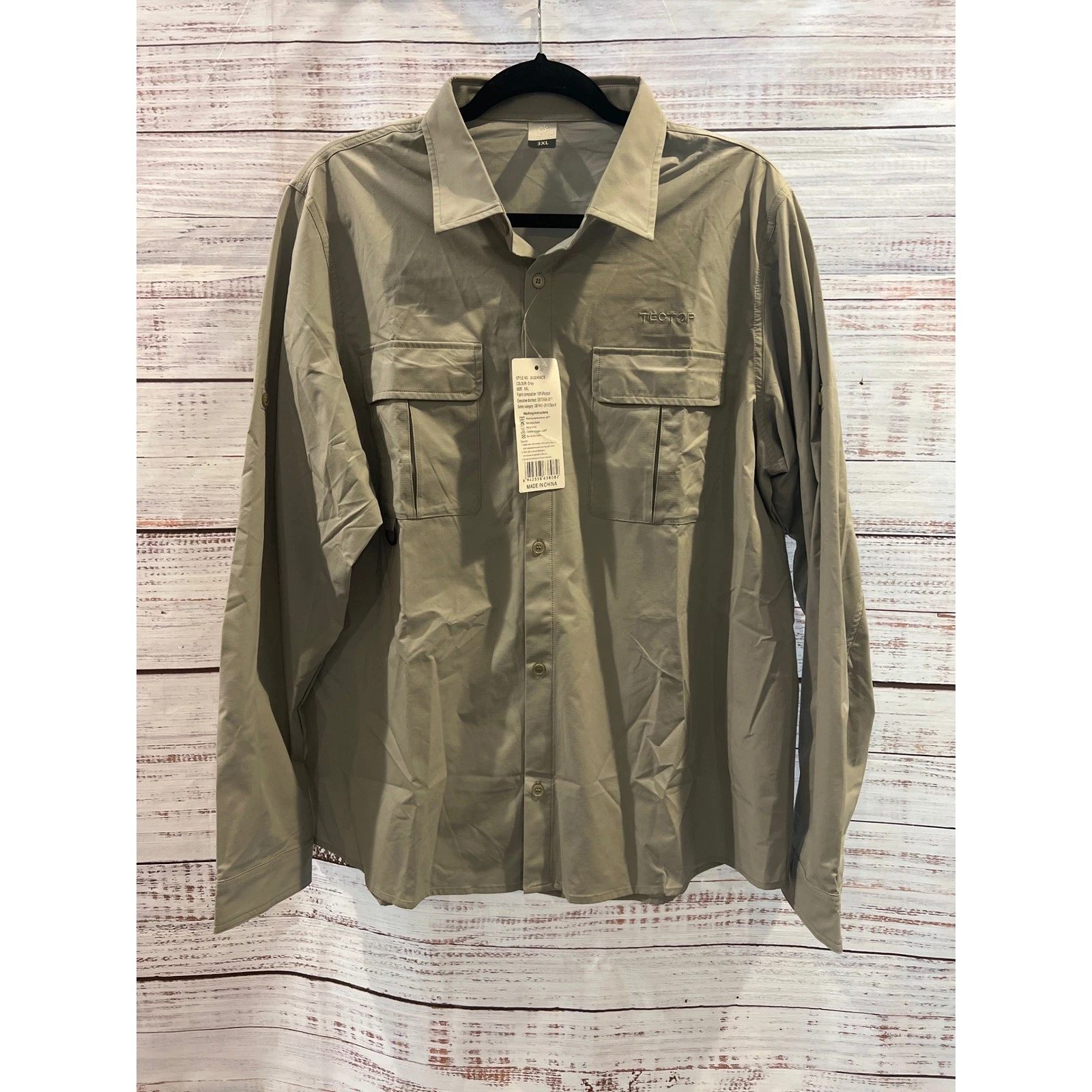 Tectop Mens Gray Long Sleeve Hiking Fishing Shirt Ripstop Polycool 3XL 2422406CS