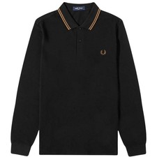 Image of Fred Perry Mens Double Tipped Collar Long-Sleeved Polo ShirtS Black/Stone  SY401
