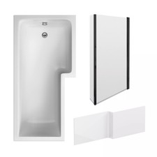L Shape 1700x850 Shower Bath Set - Front Panel & Black Fixed Return Screen, Righ