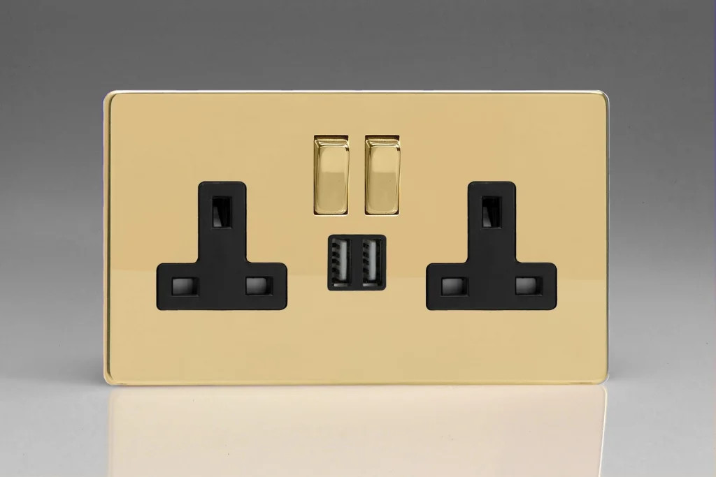 13A Socket Brass + USB 2-Gang 1 Pole Screwless Polished Brass/Black Insert