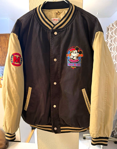 Disney Store Mickey Mouse True Blue Classic Varsity Jacket Black/Beige Roomy Md