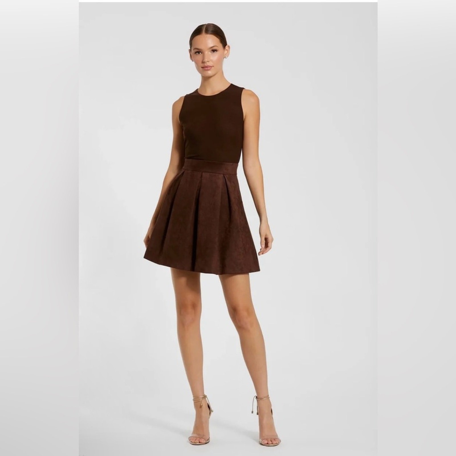 New Mac Duggal Chocolate Brown Sleeveless Mesh & Suede A Line Mini Dress size 4