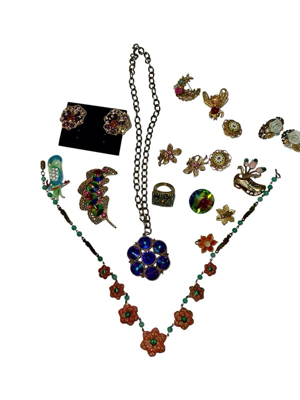 Vintage Jewelry Lot  Art  Nouveau Floral Necklace Micro Mosaic Earrings Heliotro
