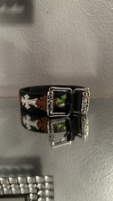 Chrome Hearts style black leather belt w/ silver chrome buckle w/ colorful cross