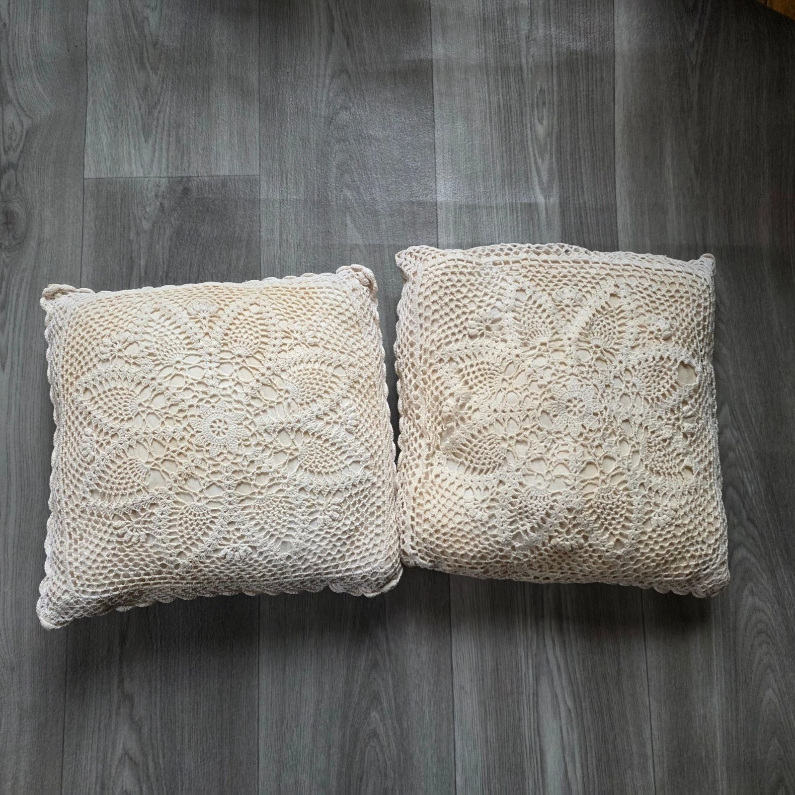 Handmade Crochet Lace Throw Pillows Beige Set Of 2 13" Boho Farmhouse Home Decor