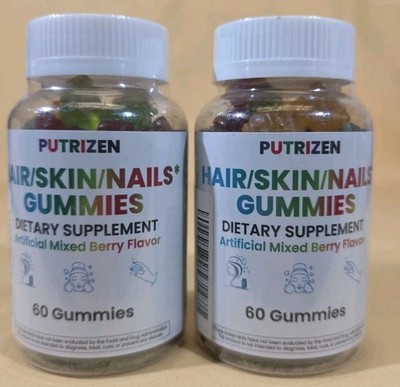 Hair, Skin & Nail Gummies 60ct  Faster Growth Vitamin D Biotin Folate 2pk