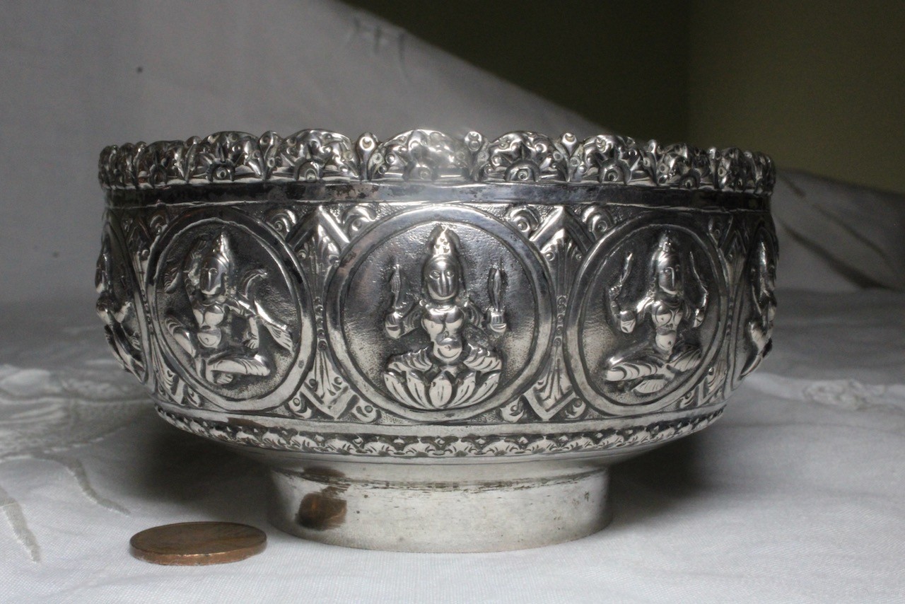 Antique Silver Repousse Burma, Sri Lanka? Hindu Buddhist Dancers Offering Bowl