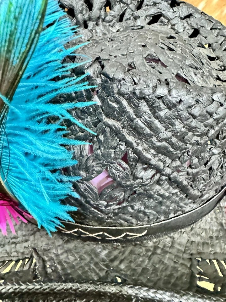 Western Express S/M черная соломенная ковбойская шляпа украшена, перья, сделано в Мексике - Изображение 3 из 4