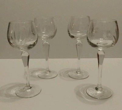 4er Set Vintage Hock Weingläser mit langem Stiel floral geätzt & geschliffenem Kristall