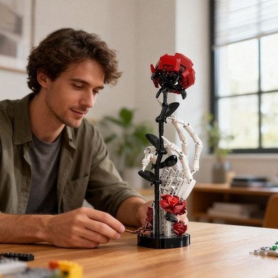 MOC Skeleton Hand with Rose Building Blocks Toys Gothic Artificial Flowers Model