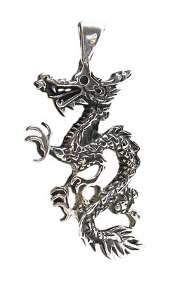 Sterling Silber Drachen Anhänger 45x23mm Chinesisch Mythisch 925 Handarbeit Nickelfrei