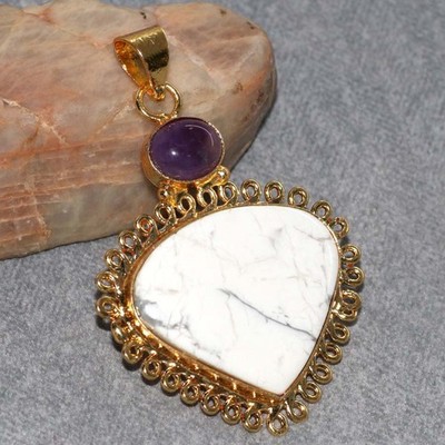 Golden Plated Long Howlite Natural Amethyst Pendant 2.1'' Eye Catching Design GW