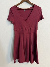 SHEIN Burgundy Ribbed V-Neck Mini Dress