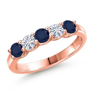 18K Rose Gold Plated Silver Sapphire and White Moissanite Wedding-Bands Ring