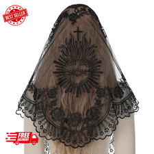 Church Mantilla Catholic Veil: Triangle Black Sacred Heart Embroidered Lace C...