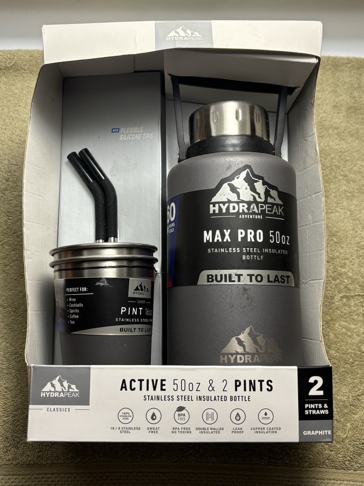 HYDRAPEAK 50 OZ STAINLESS STEEL INSULATED BOTTLE W/ CUPS NIB