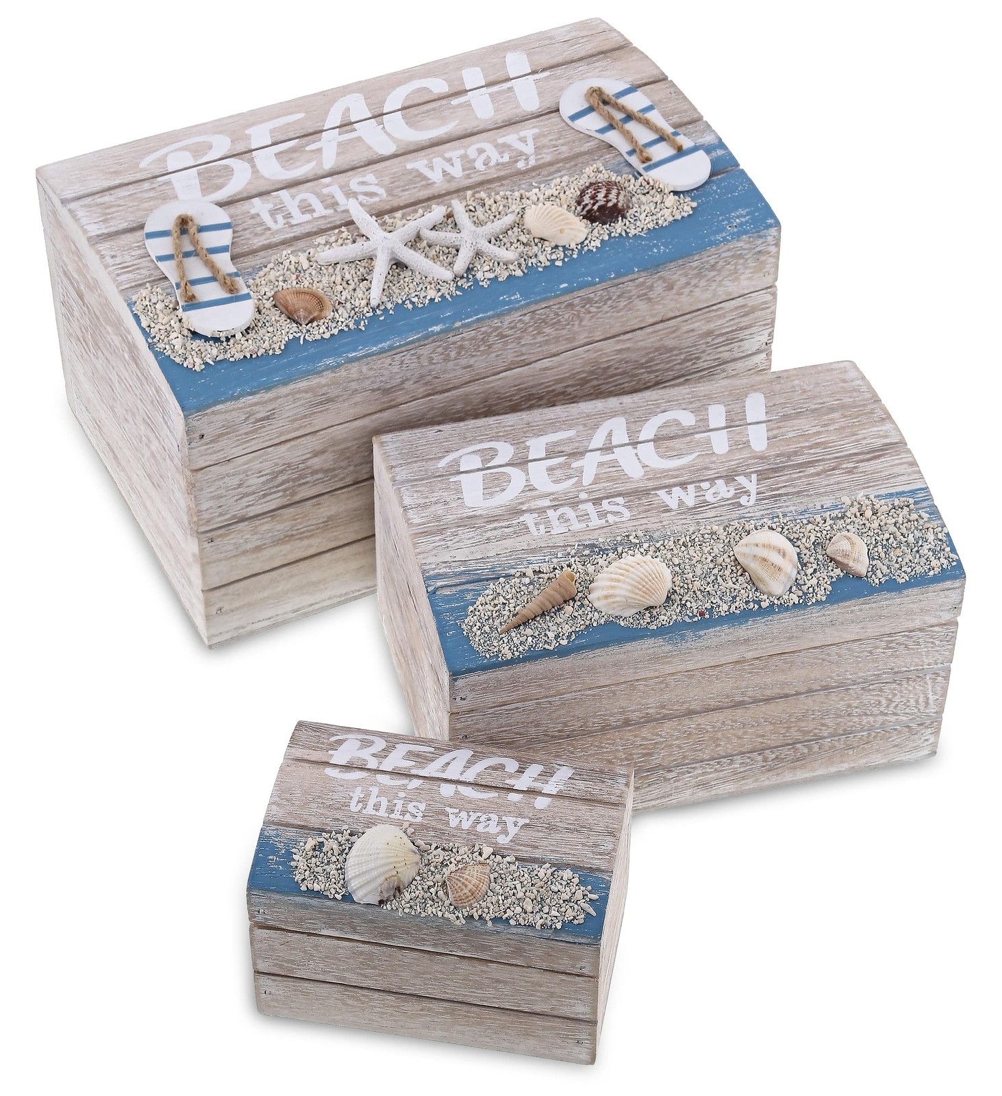 Aqua Sky Wooden Beach Jewelry Box, 3 Pcs Set - Handcrafted Nautical Box with ...