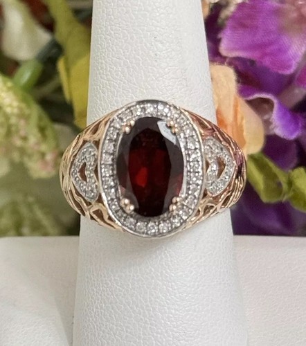 14K Rose Gold Garnet Diamond Heart Detailed Wide Cocktail Ring Size 8