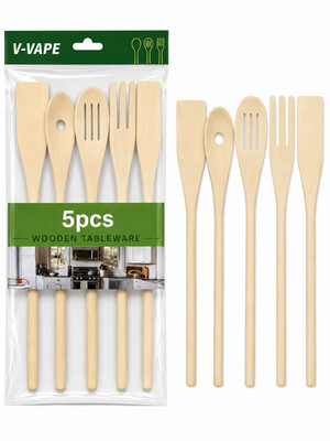 5 Stück Holz Küchenutensilien Set Naturholz Kochlöffel & Spatel