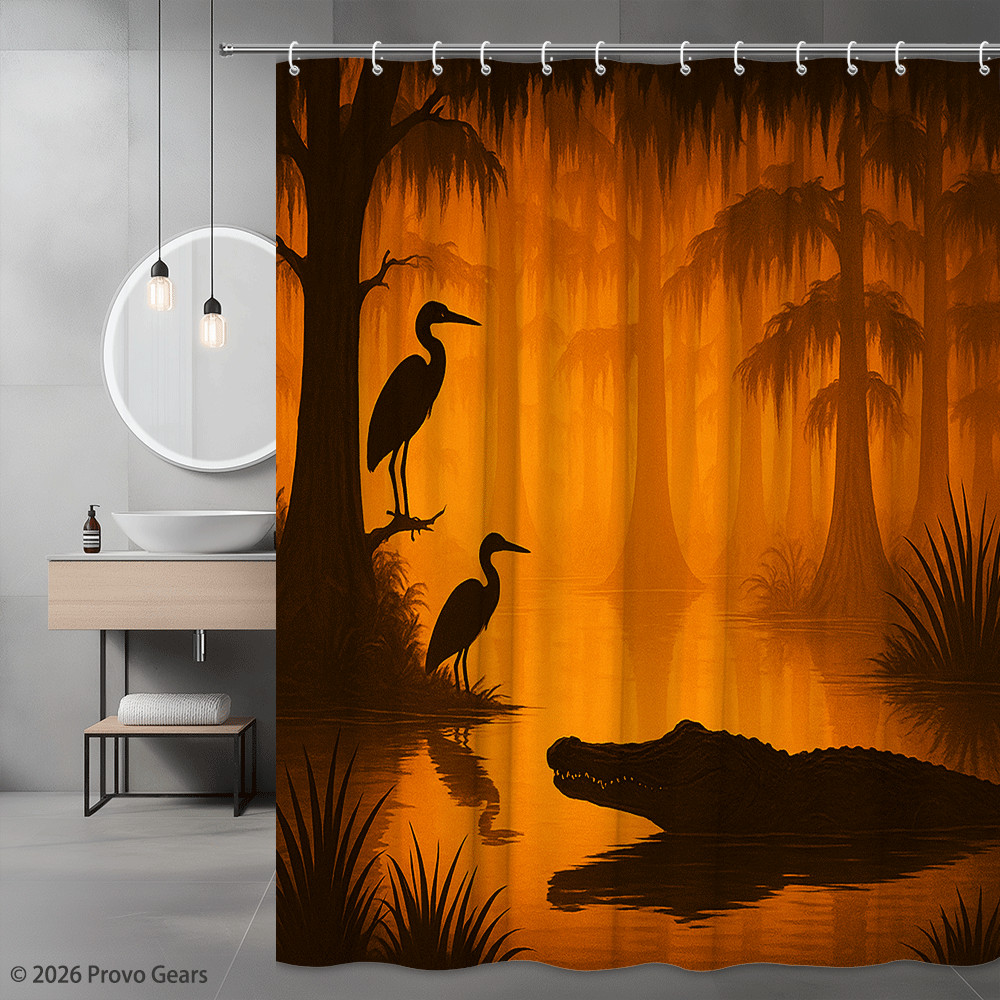 Crocodile And Heron Shower Curtain - Nature-Themed Decor