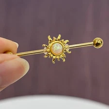 18K Yellow Gold Over Fire Opal Sun Industrial Piercing Barbell 14G 38mm Unisex