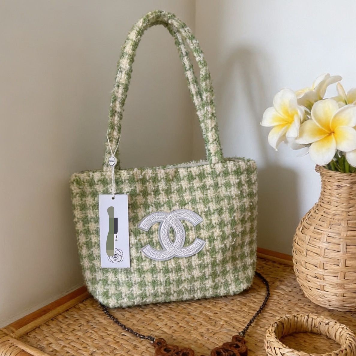 Novelty Tweed Sequins Plaid Tote Large Fashion Shoulder Shopping Bag