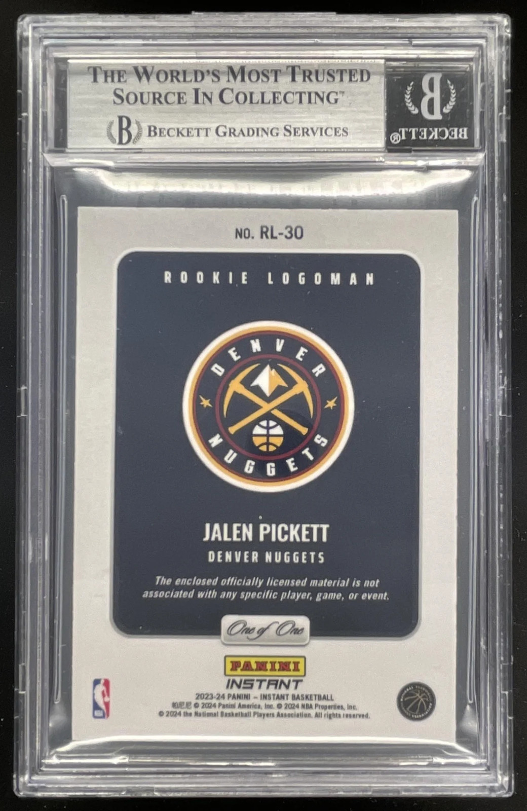 2023-24 Panini Instant Rookie Logoman #RL30 Jalen Pickett RC 1/1 BGS 8 view 2
