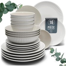 Pure Living 16 Piece Stoneware Dinnerware Set - Bowl and Plate Set - Beige