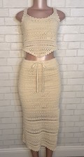 Beige Cream Crochet Set Skirt Top Boho Festival Cottagecore Bohemian Beachy Med