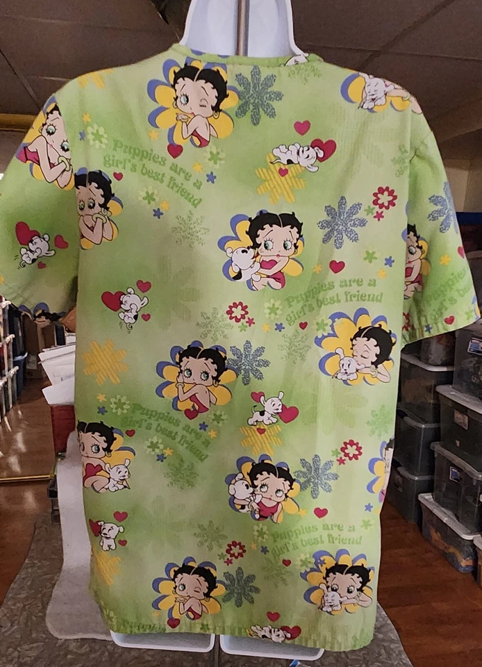 Blusa Médica Betty Boop and Puppy Mujer Manga Corta 2 Bolsillos Cuello en V Med Foto 3 de 4