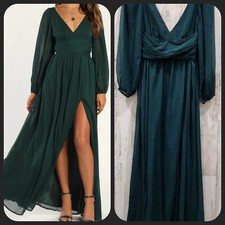 LULUS Enchant My Love Emerald Green V Neck Long Sleeve Maxi Dress Size SMALL**