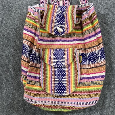 Vintage 60s Colorful Woven Textile Drawstring Backpack Bag Boho Tribal Woven Backpack Boho Aztec Hippie Southwestern Baja  main image 4